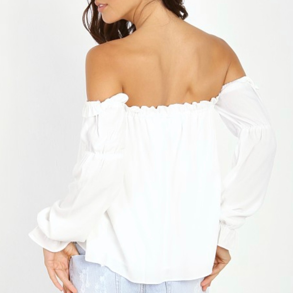 Long Sleeve Off Shoulder Shirt Dress With Ruffle White